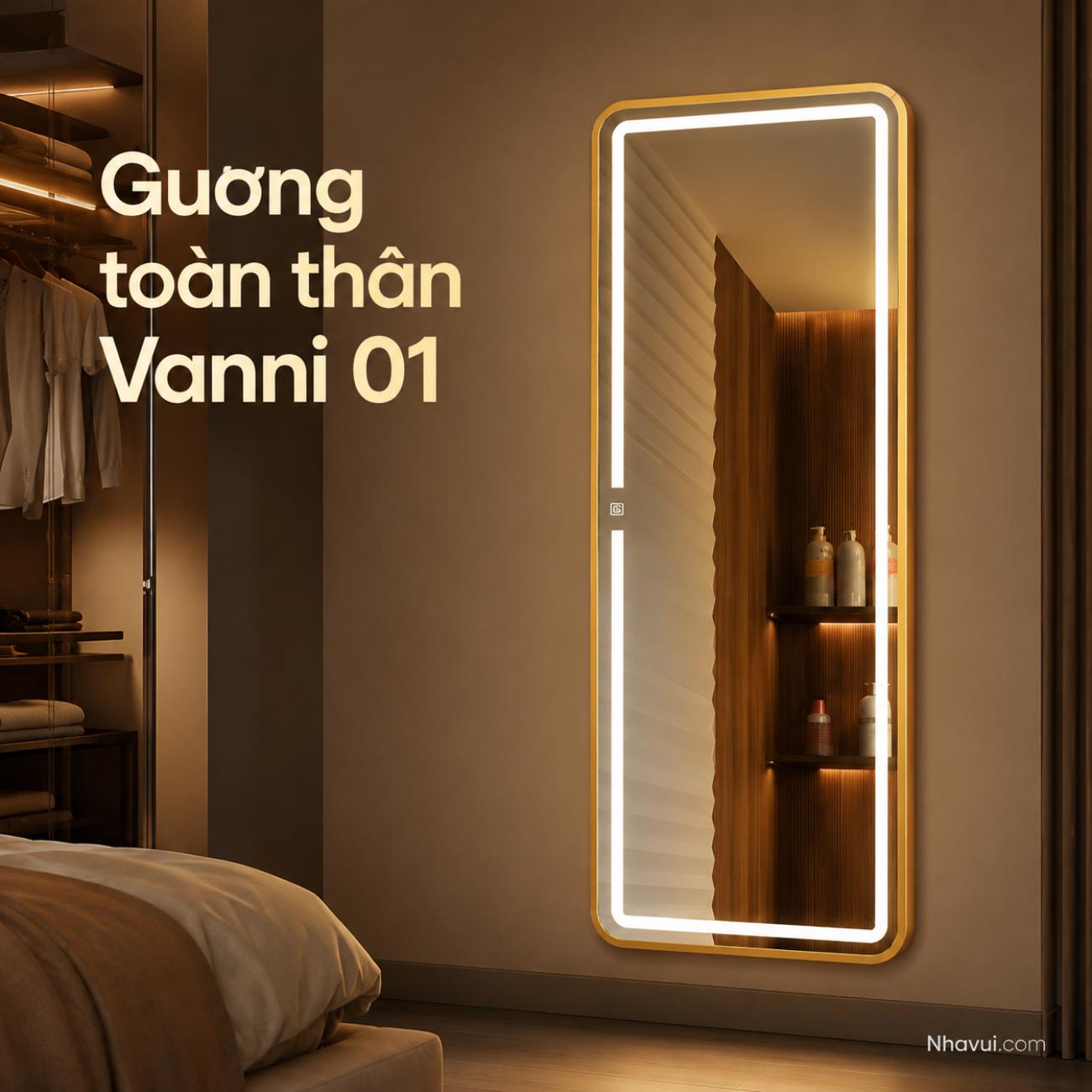 Gương toàn thân Vanni 01 – 02 60x150cm viền inox có đèn LED và tủ