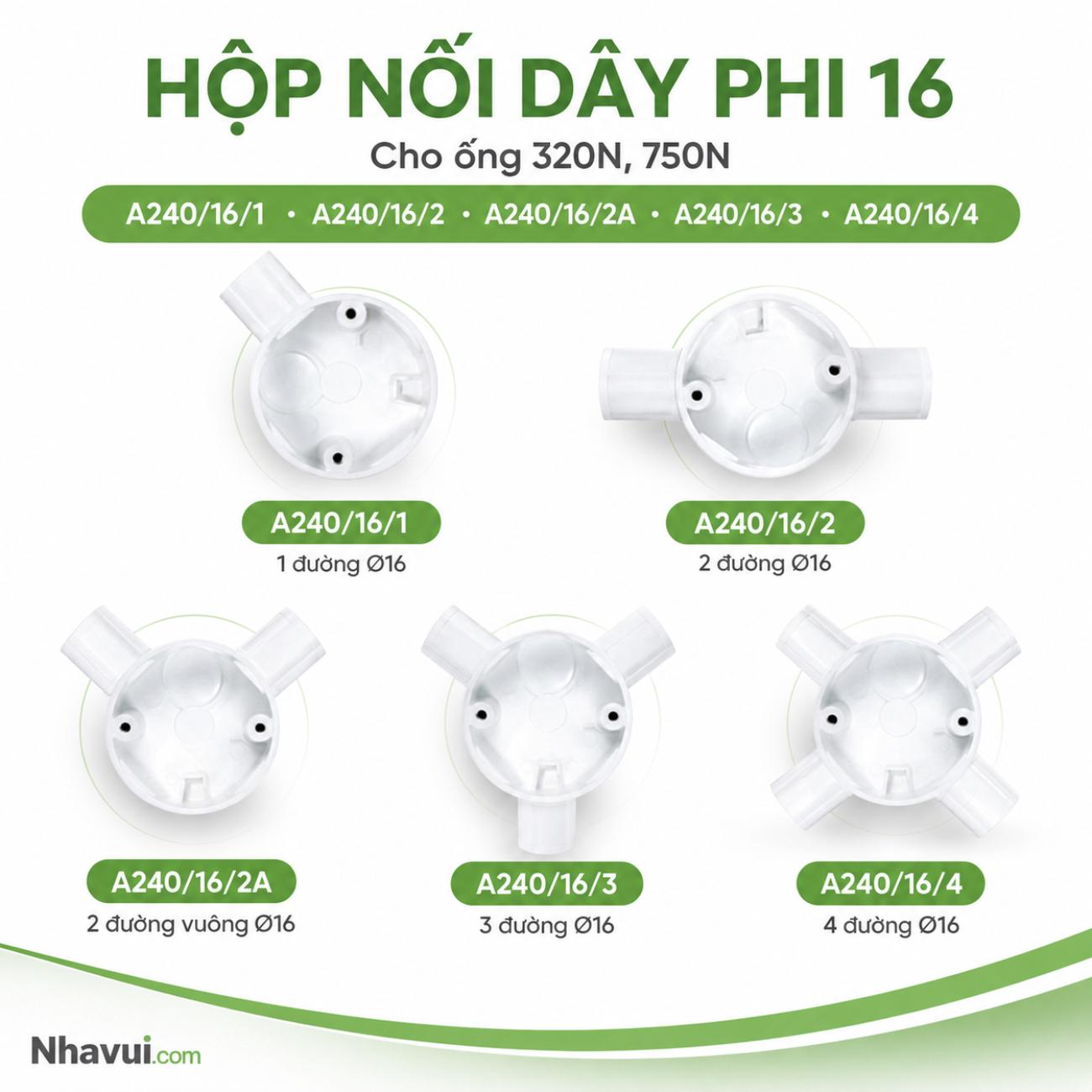 Hộp nối dây phi 16 MPE A240 cho ống luồn điện 320N, 750N nhiều kiểu đường nối