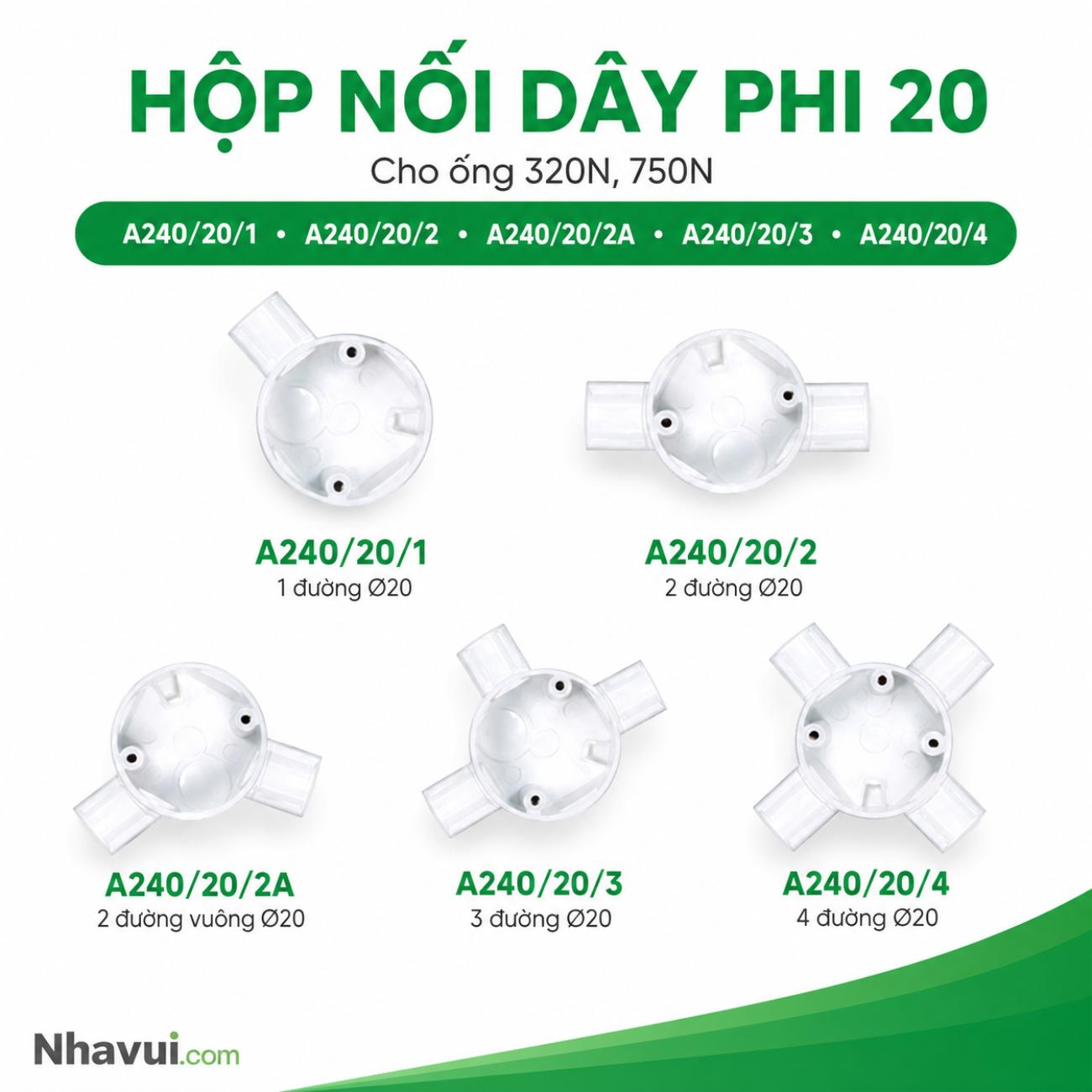 Hộp nối dây phi 20 MPE A240 cho ống luồn điện 320N, 750N nhiều kiểu đường nối