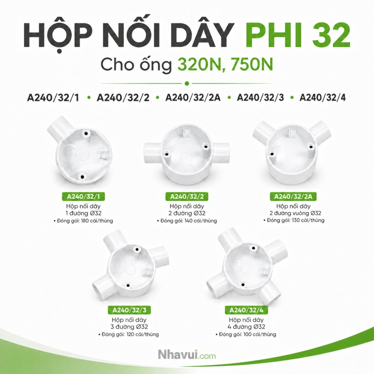 Hộp nối dây phi 32 MPE A240 cho ống luồn điện 320N, 750N nhiều kiểu đường nối