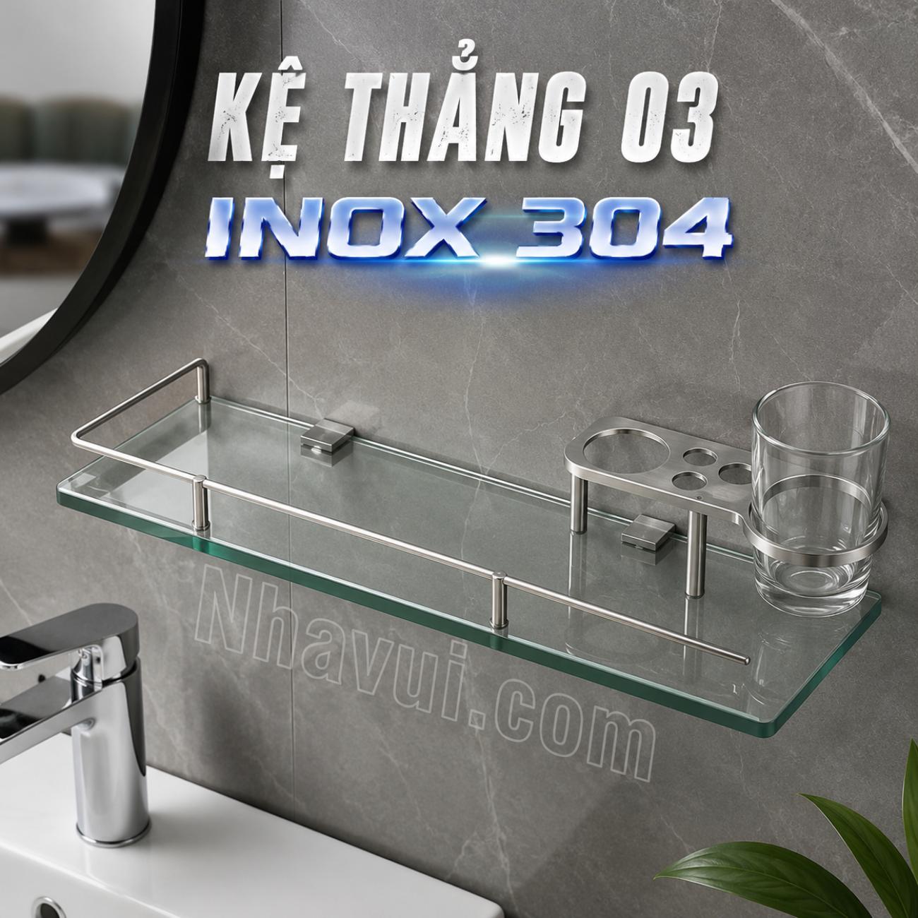 Kệ thẳng 03 inox 304 Vanni kệ kính có giá để ly gắn tường
