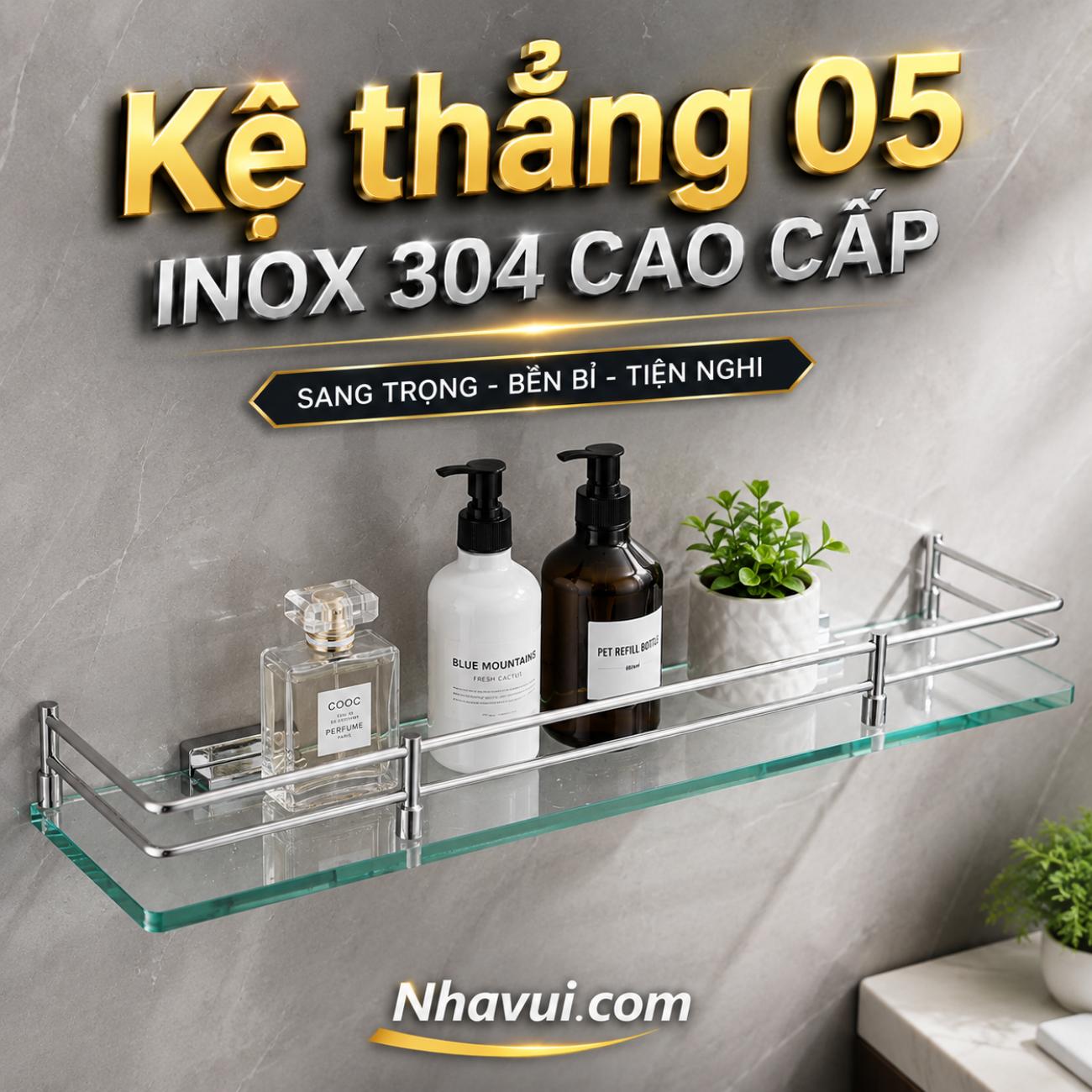 Kệ thẳng 05 inox 304 cao cấp Vanni 2 tầng kệ kính gắn tường