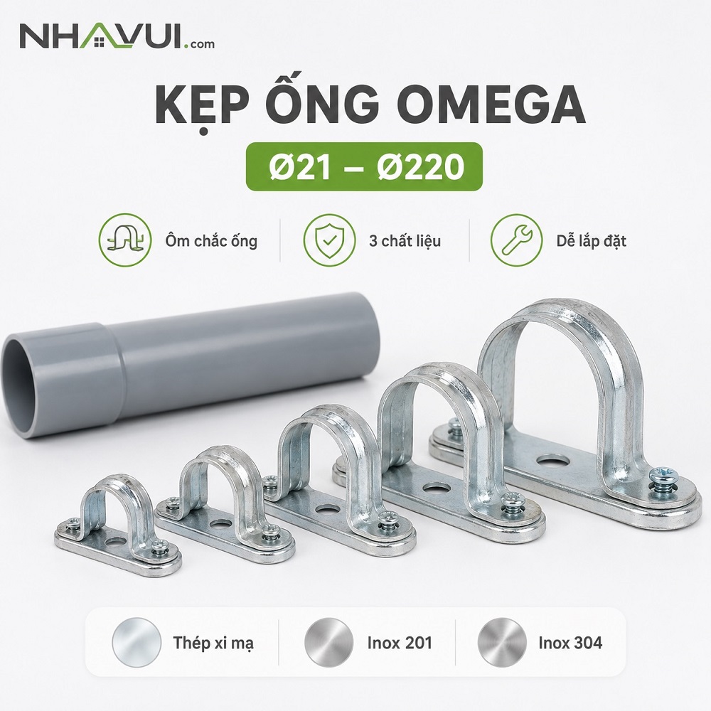 Kẹp ống Omega Ø21–Ø220 chất liệu thép xi mạ, inox 201, inox 304