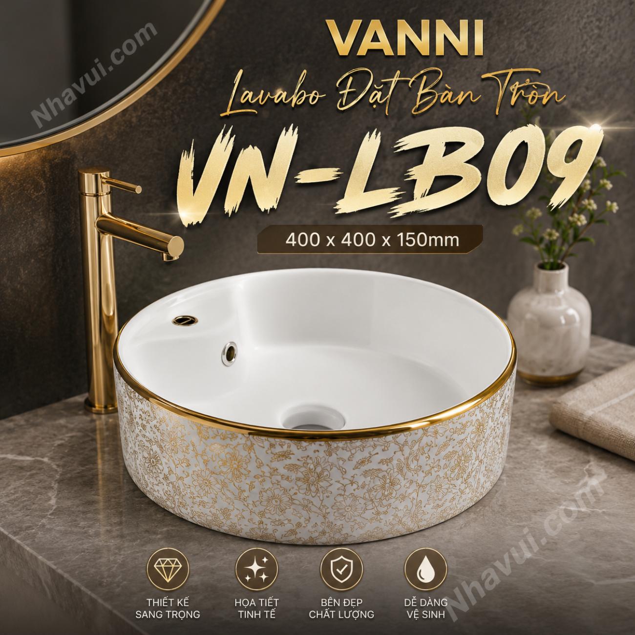 Lavabo đặt bàn tròn Vanni VN-LB09 họa tiết viền vàng kích thước 400 x 400 x 150mm