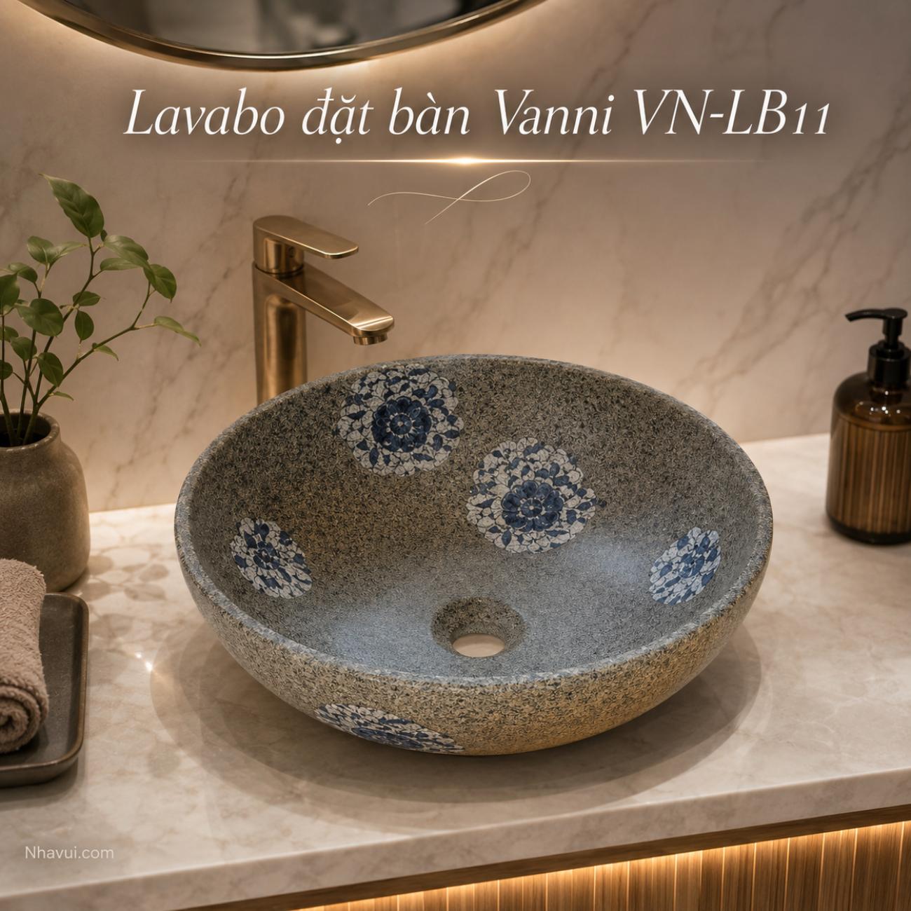 Lavabo đặt bàn tròn Vanni VN-LB11 họa tiết xanh xám kích thước 410 x 410 x 160mm
