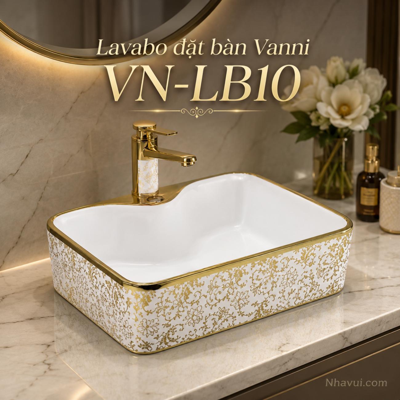 Lavabo đặt bàn Vanni VN-LB10 họa tiết hoa viền vàng kích thước 480 x 370 x 130mm