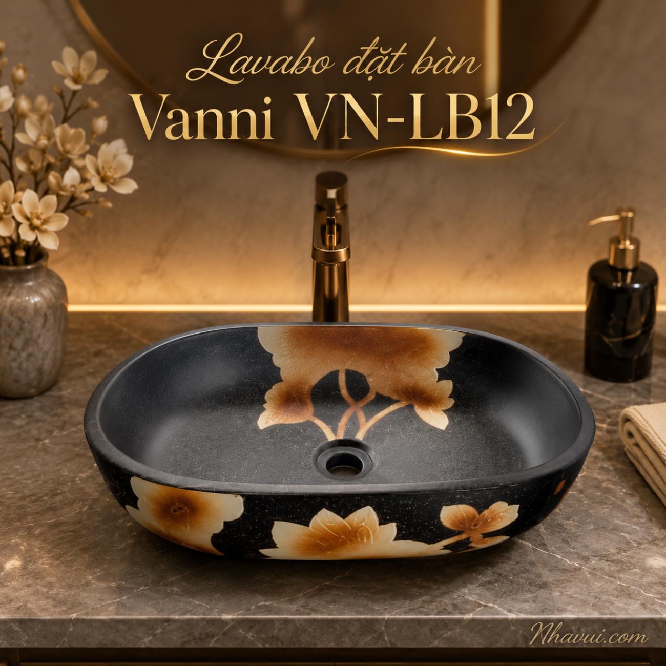 Lavabo đặt bàn Vanni VN-LB12 họa tiết hoa kích thước 600 x 400 x 150mm