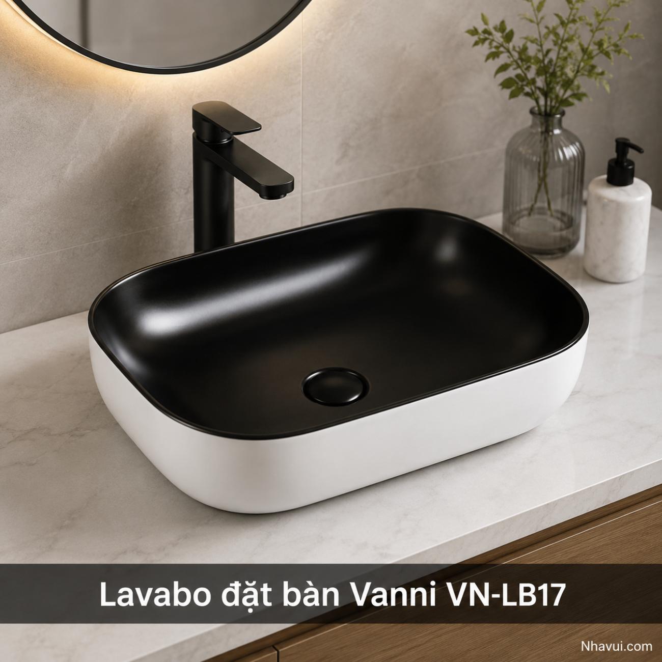 Lavabo đặt bàn Vanni VN-LB17 trắng đen kích thước 500 x 395 x 145mm