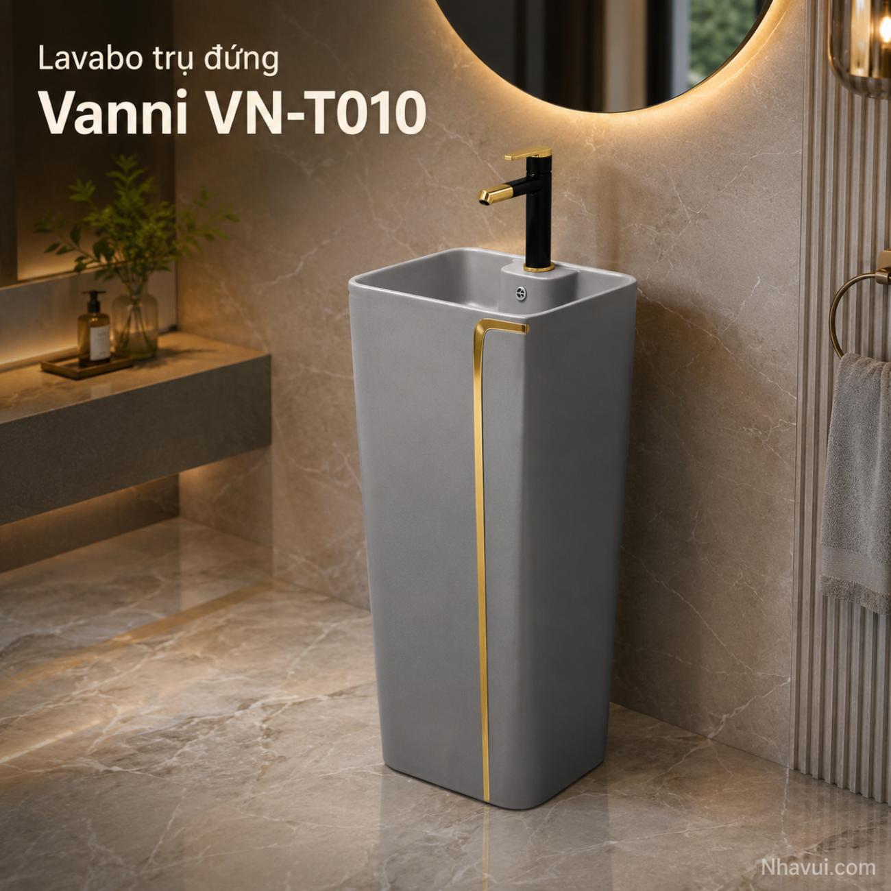 Lavabo trụ đứng Vanni VN-T010 màu xám viền vàng kích thước 430 x 350 x 840mm