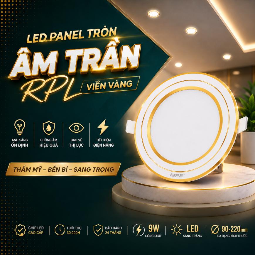 LED Panel tròn âm trần RPL viền vàng 7W–12W