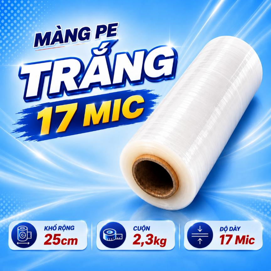 Màng PE Trắng 17 Mic Khổ 25cm Cuộn 2,3kg Quấn Hàng