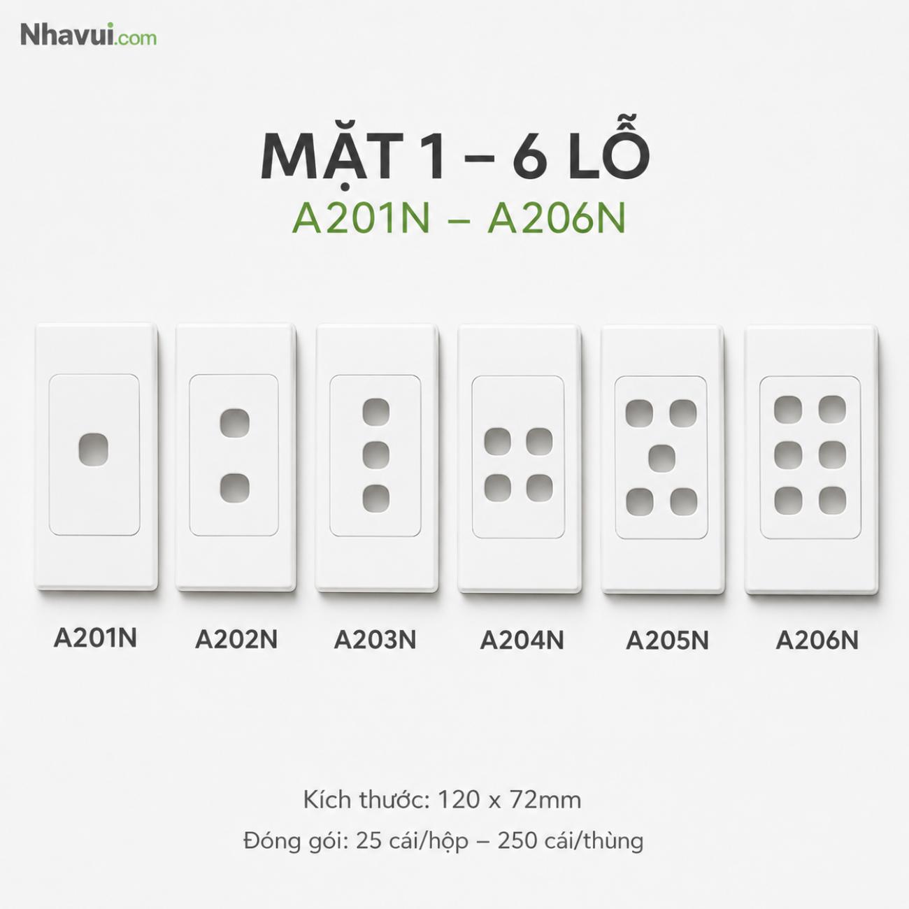 Mặt công tắc ổ cắm 1, 2, 3, 4, 5, 6 lỗ A201N–A206N 120x72mm