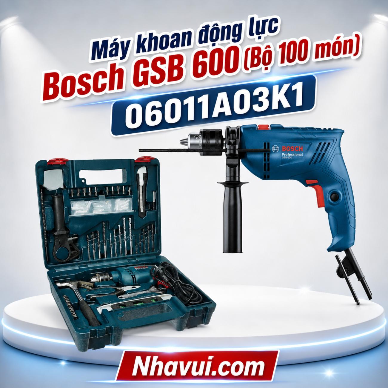 Máy khoan động lực Bosch GSB 600 600W bộ vali 100 món phụ kiện 06011A03K1