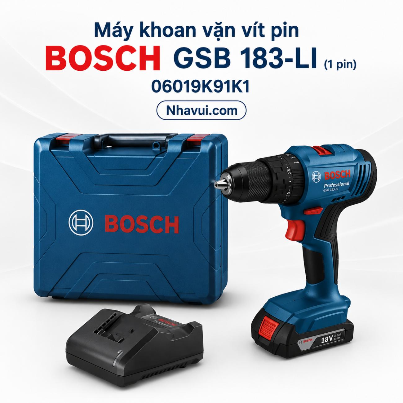 Máy khoan vặn vít động lực pin Bosch GSB 183-LI 18V mô-men xoắn 60Nm kèm 1 pin 06019K91K1