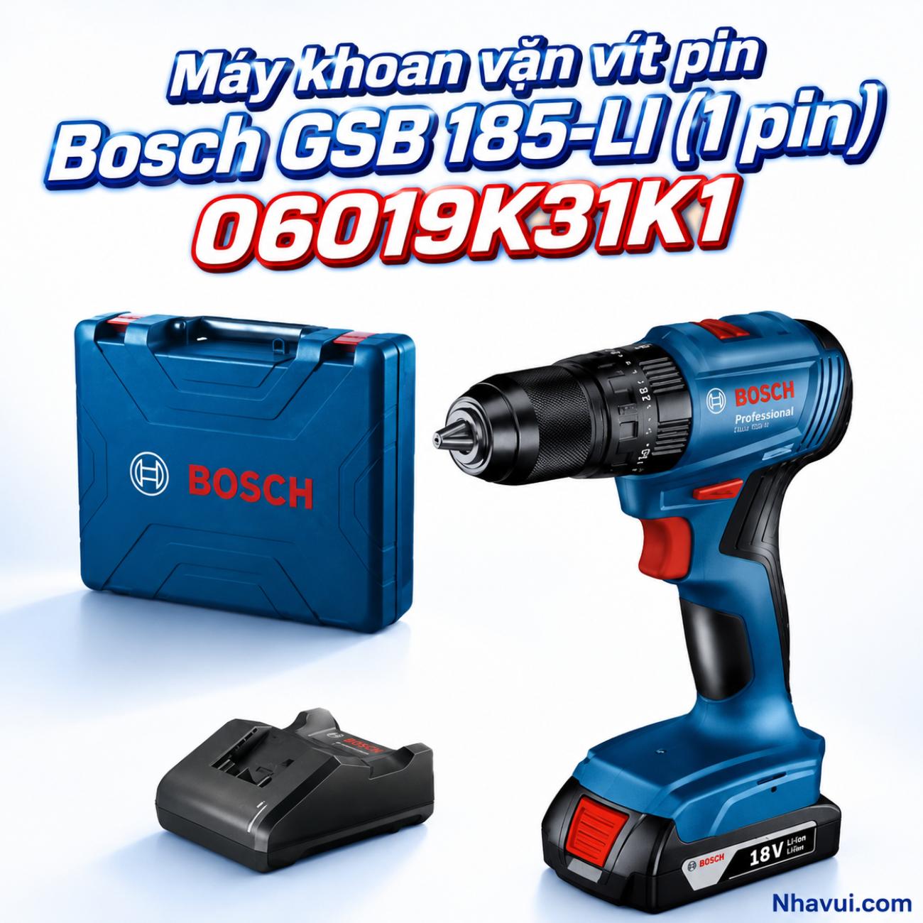 Máy khoan vặn vít động lực pin Bosch GSB 185-LI 18V mô-men xoắn 50Nm kèm 1 pin 06019K31K1
