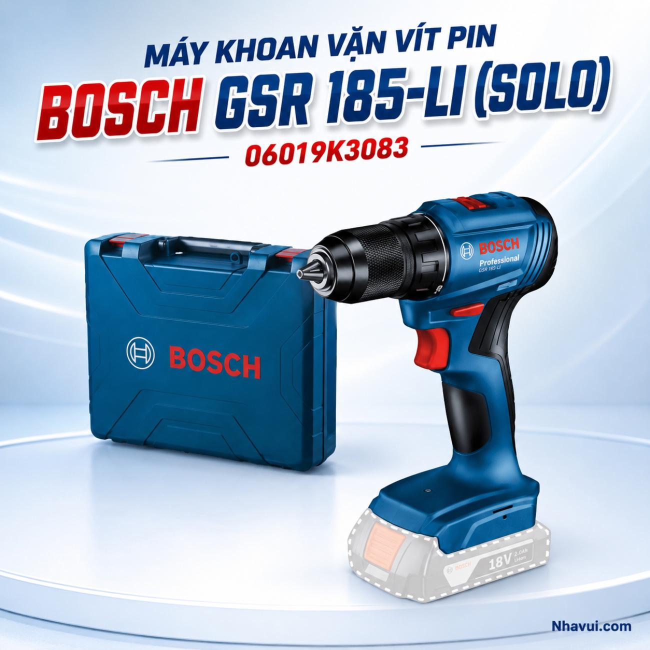 Máy khoan vặn vít pin Bosch GSR 185-LI 18V mô-men xoắn 50Nm SOLO 06019K30B3