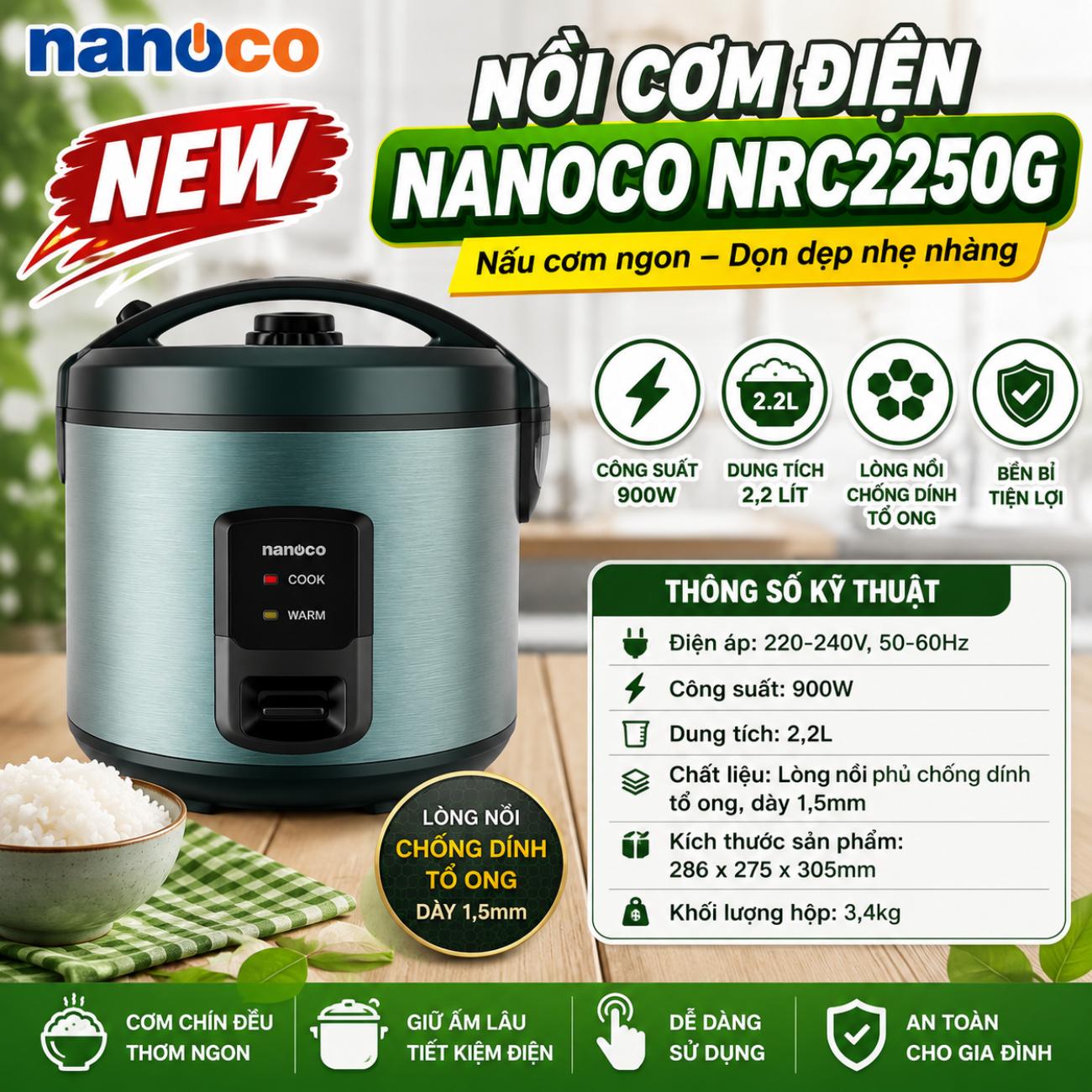 Nồi cơm điện Nanoco NRC2250G 2.2L xanh lá