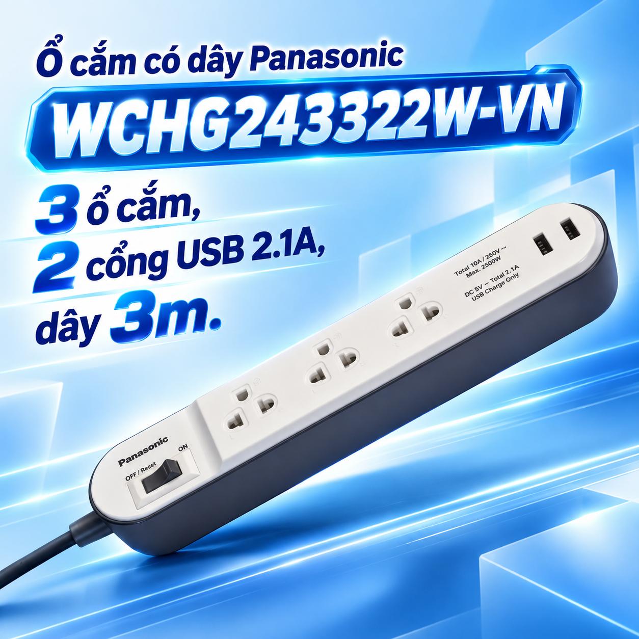 Ổ cắm có dây Panasonic WCHG243322W-VN, 3 ổ cắm và 2 USB