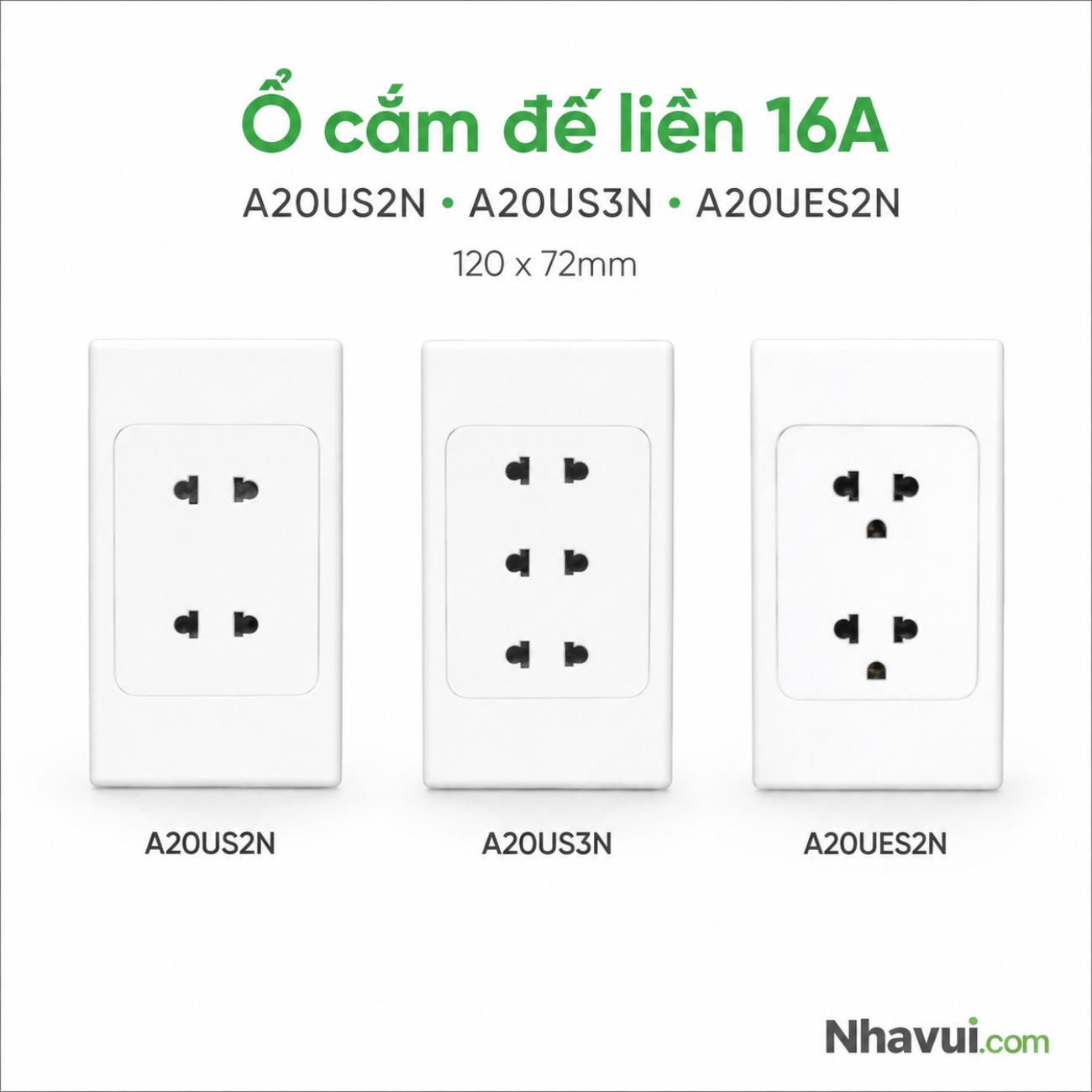 Ổ cắm đế liền 16A A20US2N A20US3N A20UES2N 120x72mm