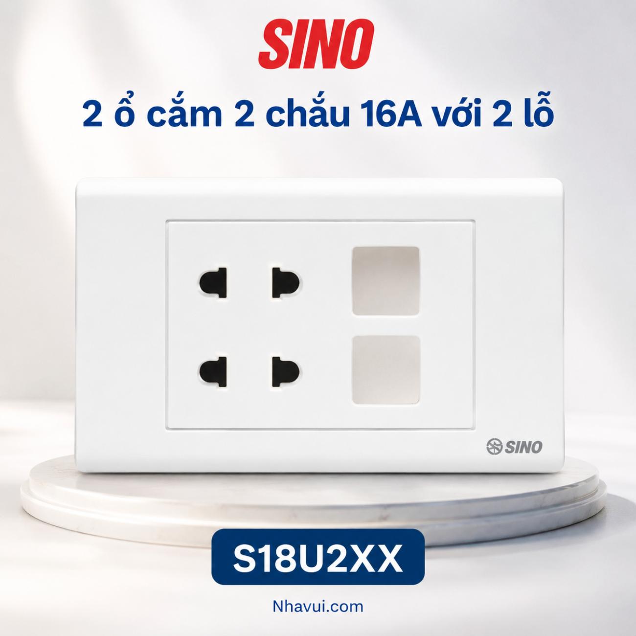 Ổ cắm đôi 2 chấu 16A với 2 lỗ Sino S18U2XX