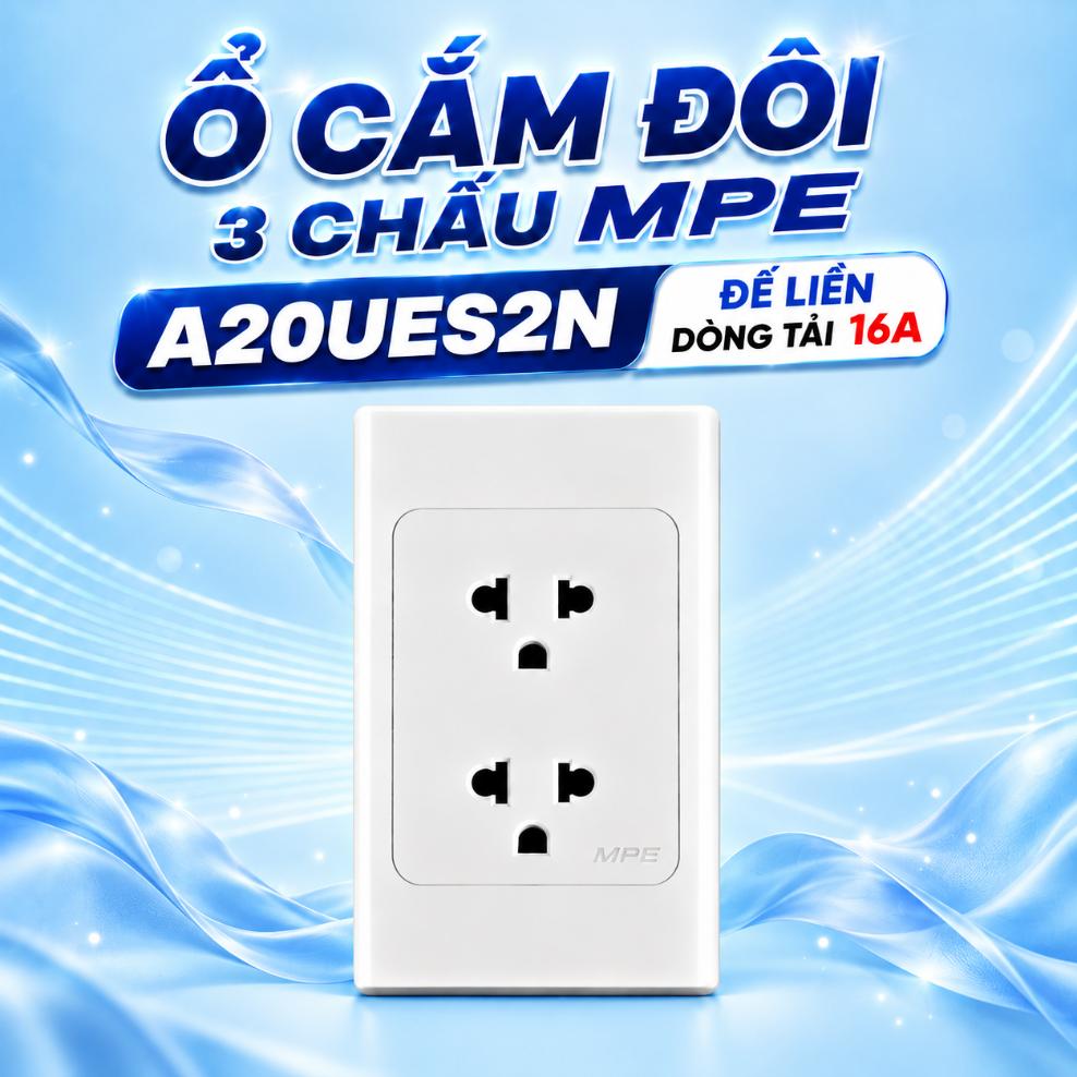 Ổ cắm đôi 3 chấu MPE A20UES2N đế liền 16A 120x72mm