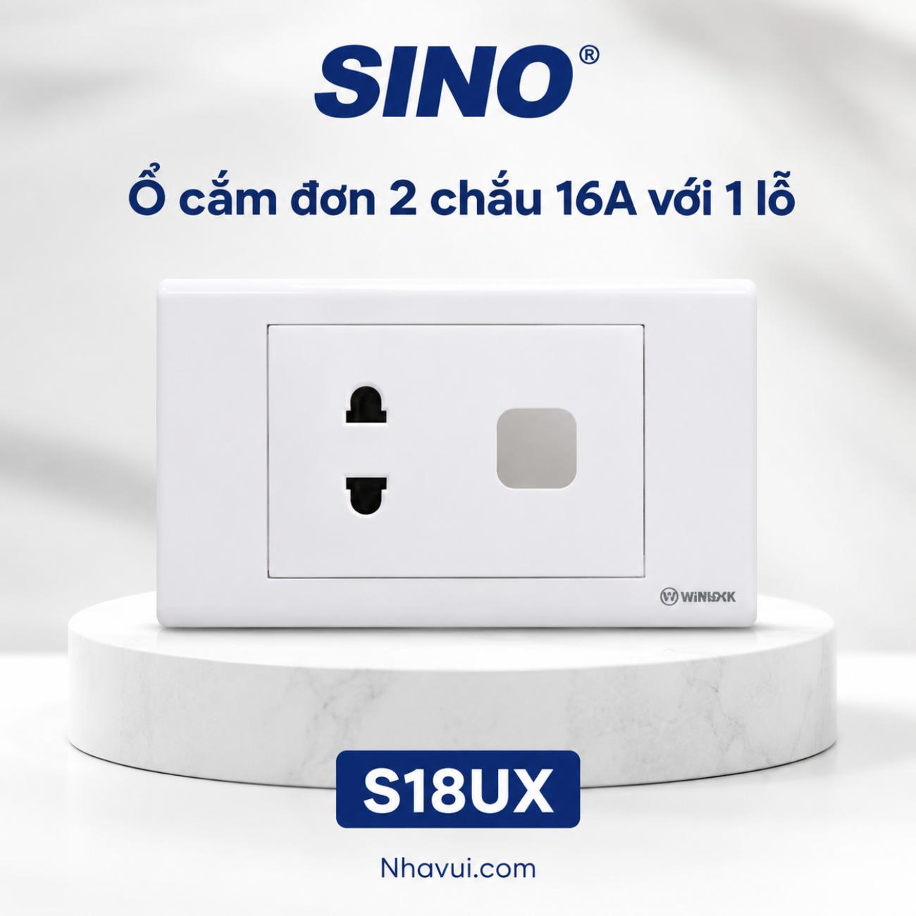 Ổ cắm đơn 2 chấu 16A với 1 lỗ Sino S18UX