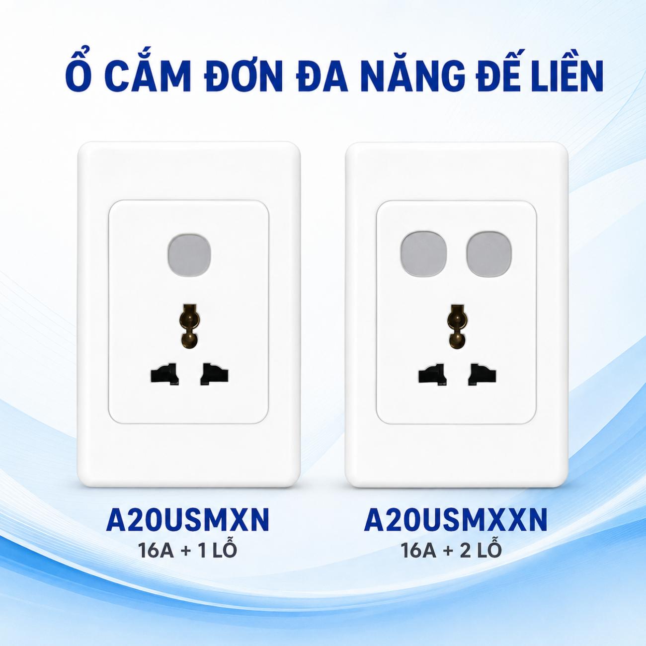Ổ cắm đơn đa năng MPE đế liền 16A 1 lỗ 2 lỗ 120x72mm