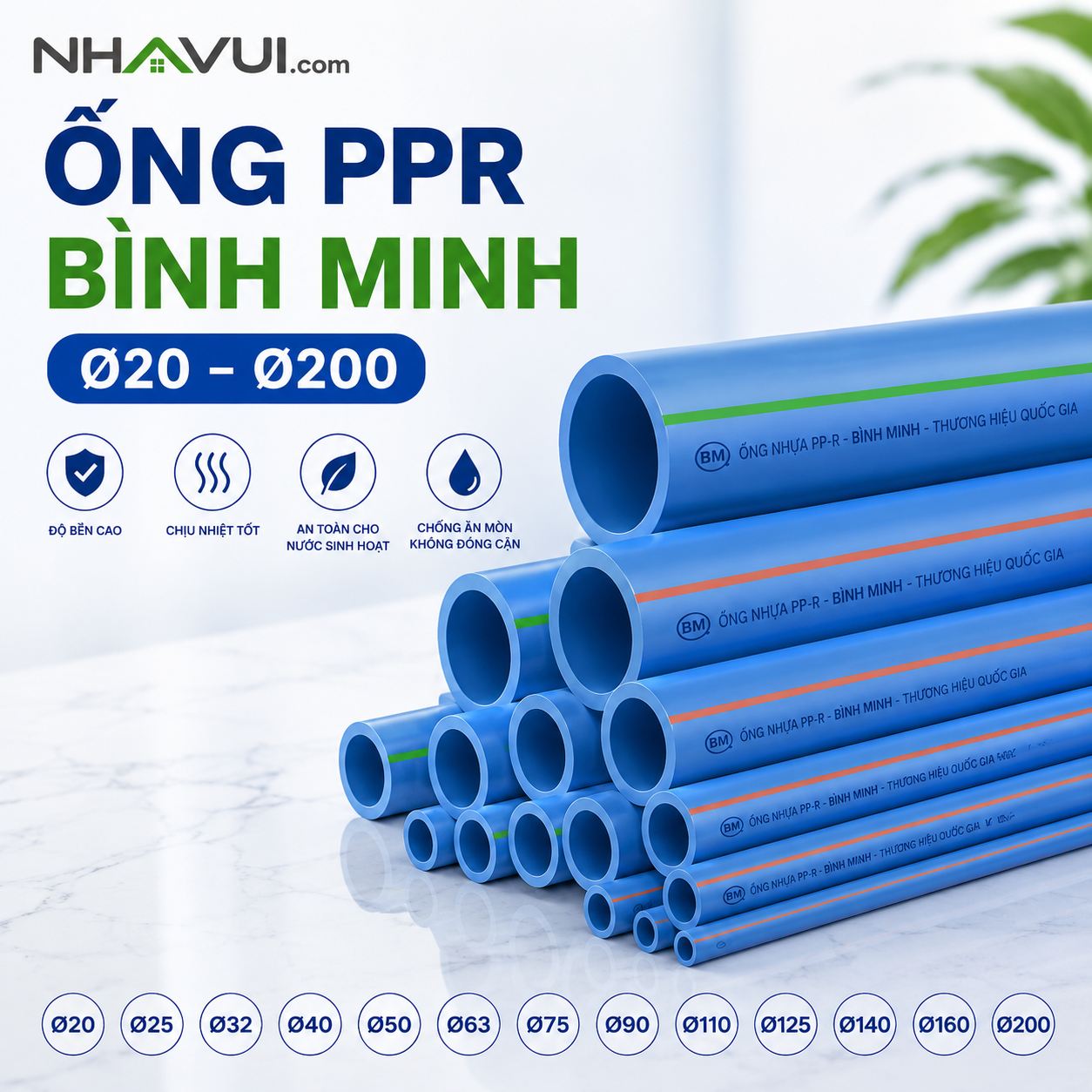 Ống nhựa PP-R Bình Minh Ø20–Ø200 PN10–PN20. Quy cách 4m/ ống.
