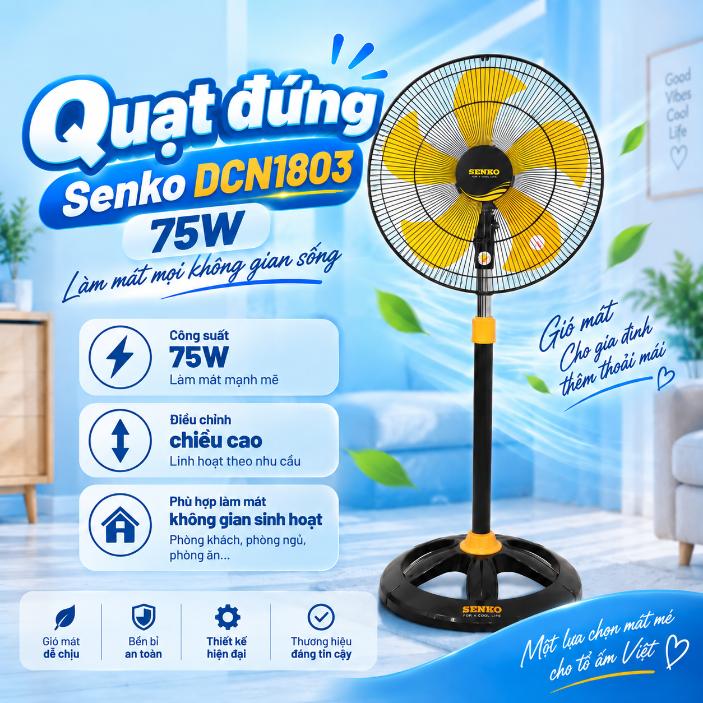 Quạt đứng Senko DCN1803 75W – điều chỉnh chiều cao, dùng làm mát không gian sinh hoạt