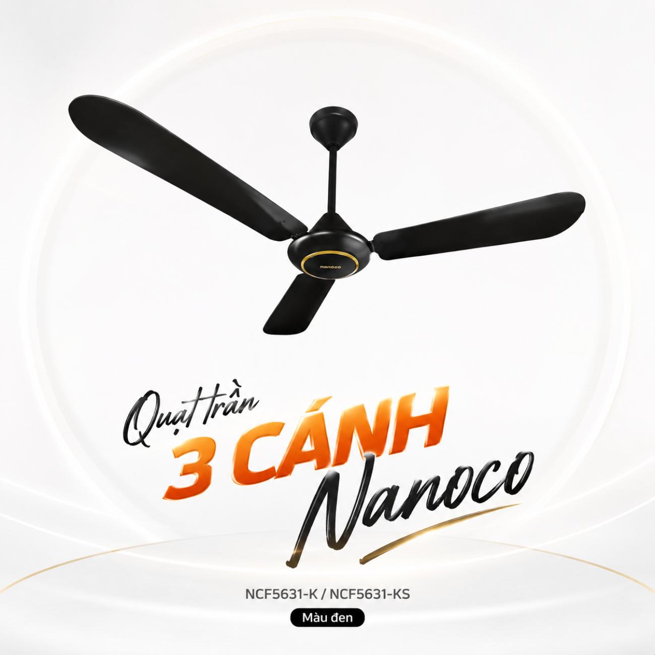 Quạt trần 3 cánh Nanoco màu đen 80W đường kính 140cm