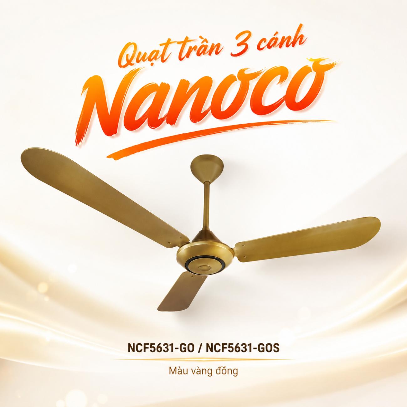 Quạt trần 3 cánh Nanoco màu vàng đồng 80W đường kính 140cm