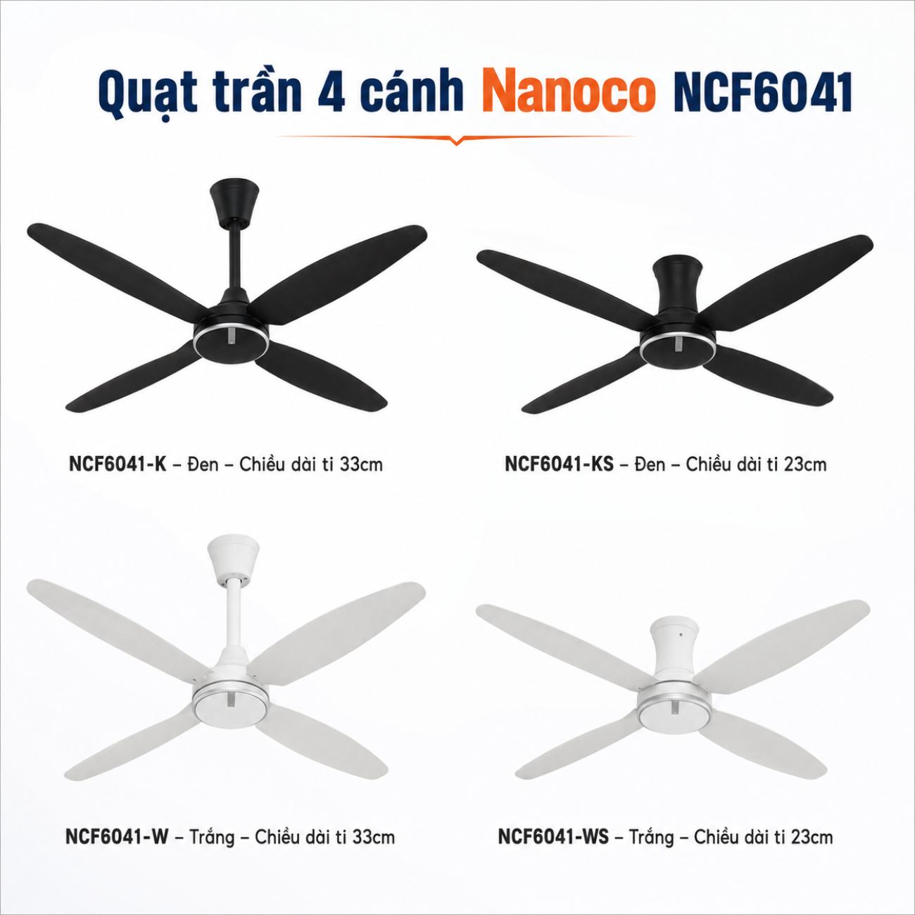 Quạt trần 4 cánh Nanoco NCF6041 40W đường kính 150cm có remote