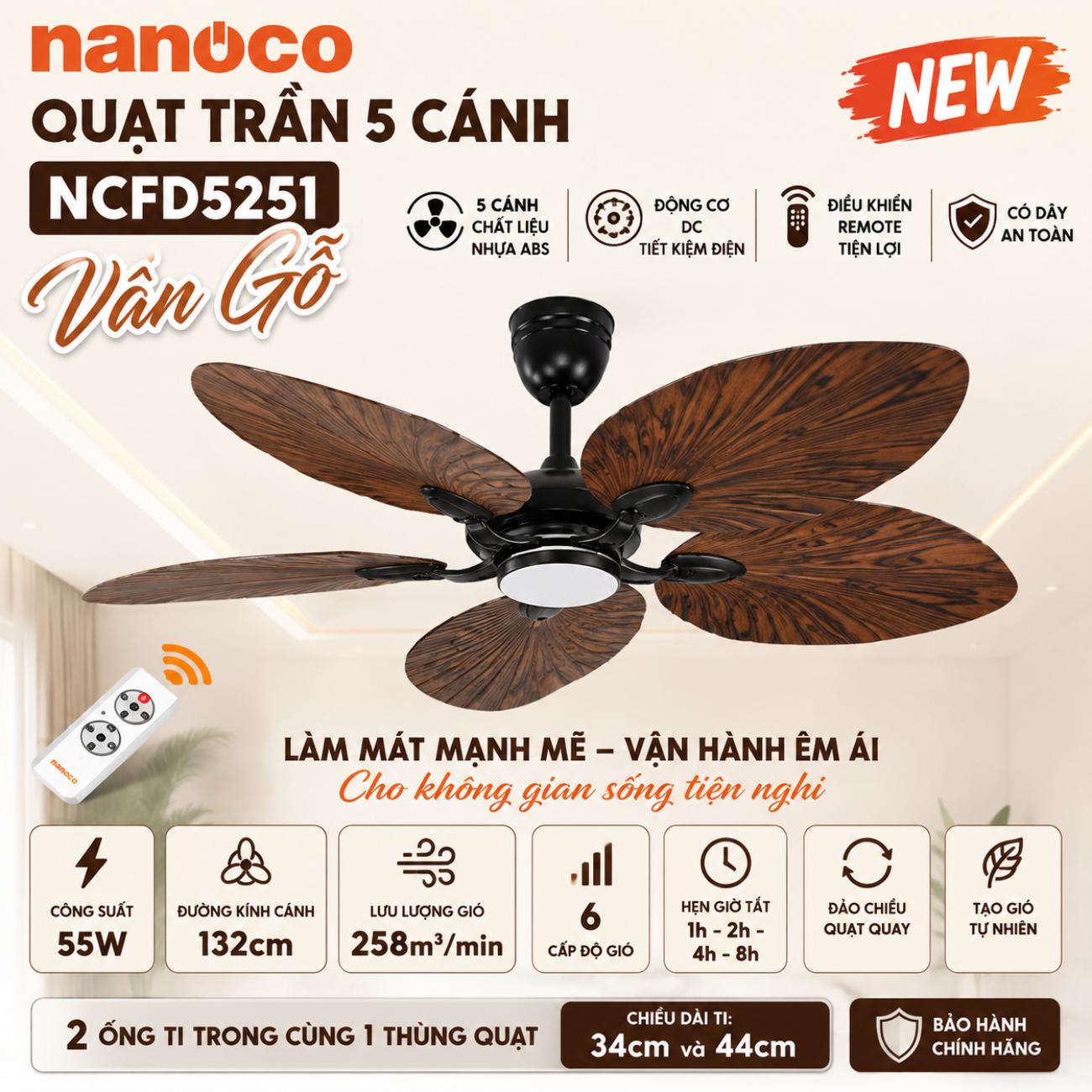 Quạt trần 5 cánh Nanoco NCFD5251 màu vân gỗ