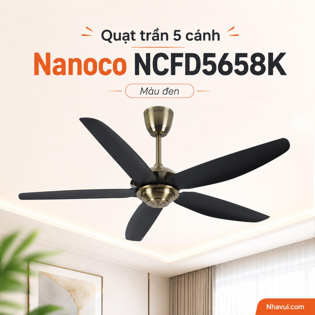 Quạt trần 5 cánh Nanoco NCFD5658K màu đen có remote