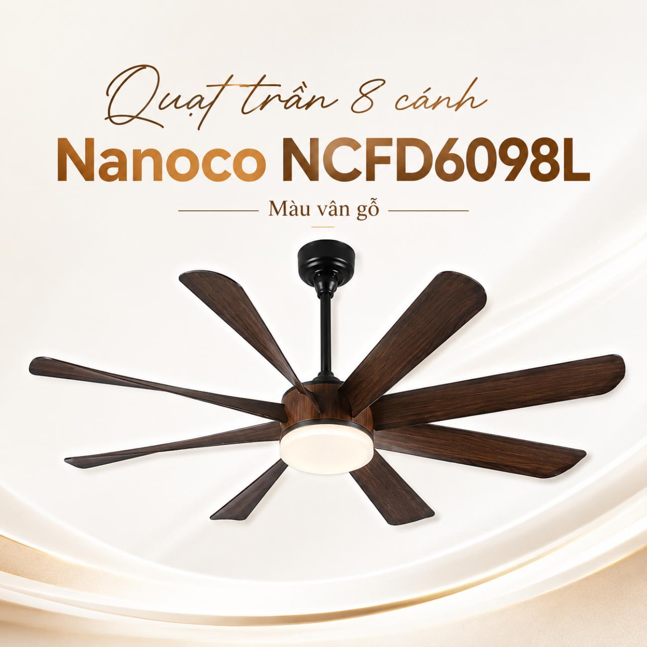 Quạt trần 8 cánh Nanoco NCFD6098L vân gỗ có đèn LED 24W, remote, động cơ DC