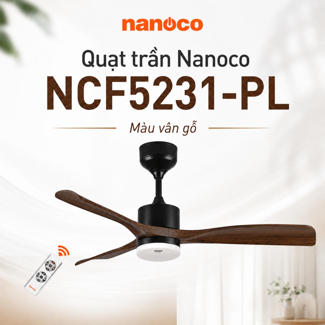 Quạt trần Nanoco NCF5231-PL màu vân gỗ có đèn LED