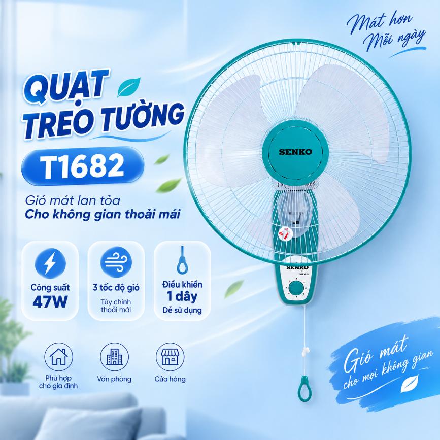 Quạt treo tường 1 dây Senko T1682 47W 3 tốc độ gió