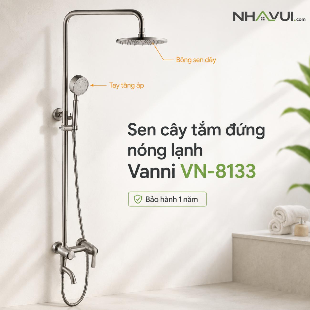 Sen cây tắm đứng nóng lạnh Vanni VN-8133 Inox 304, phun mưa, tay sen, xả sàn