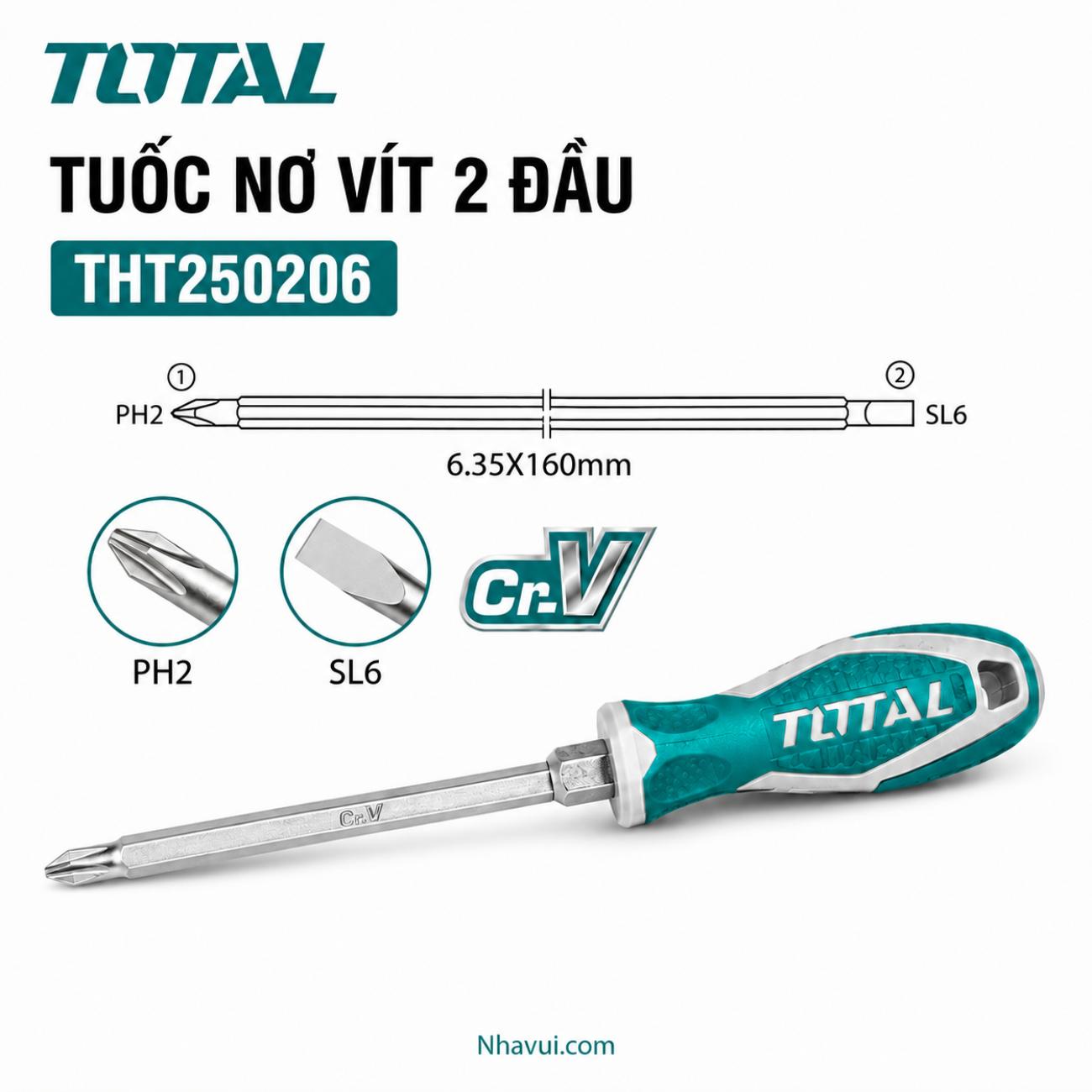 Tuốc nơ vít 2 đầu PH2 và SL6 kích thước 6.35x160mm Total THT250206