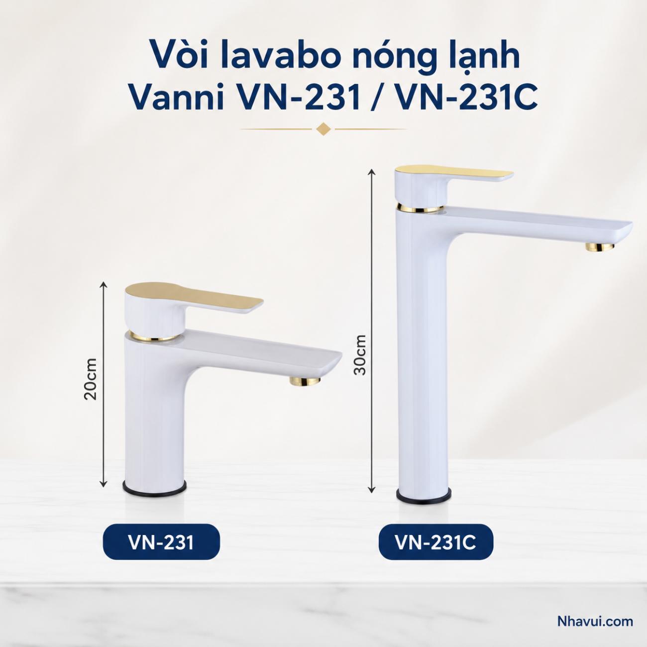 Vòi lavabo nóng lạnh Vanni VN-231 đồng thau sơn tĩnh điện màu trắng phối vàng