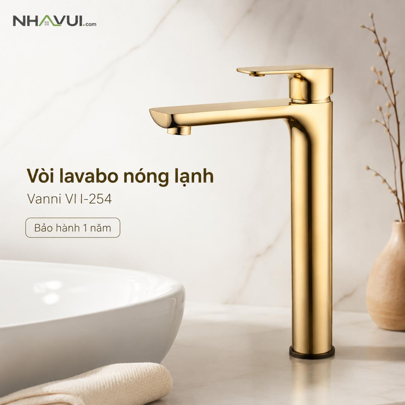 Vòi lavabo nóng lạnh VANNI VN-254 thân cao 30cm màu vàng