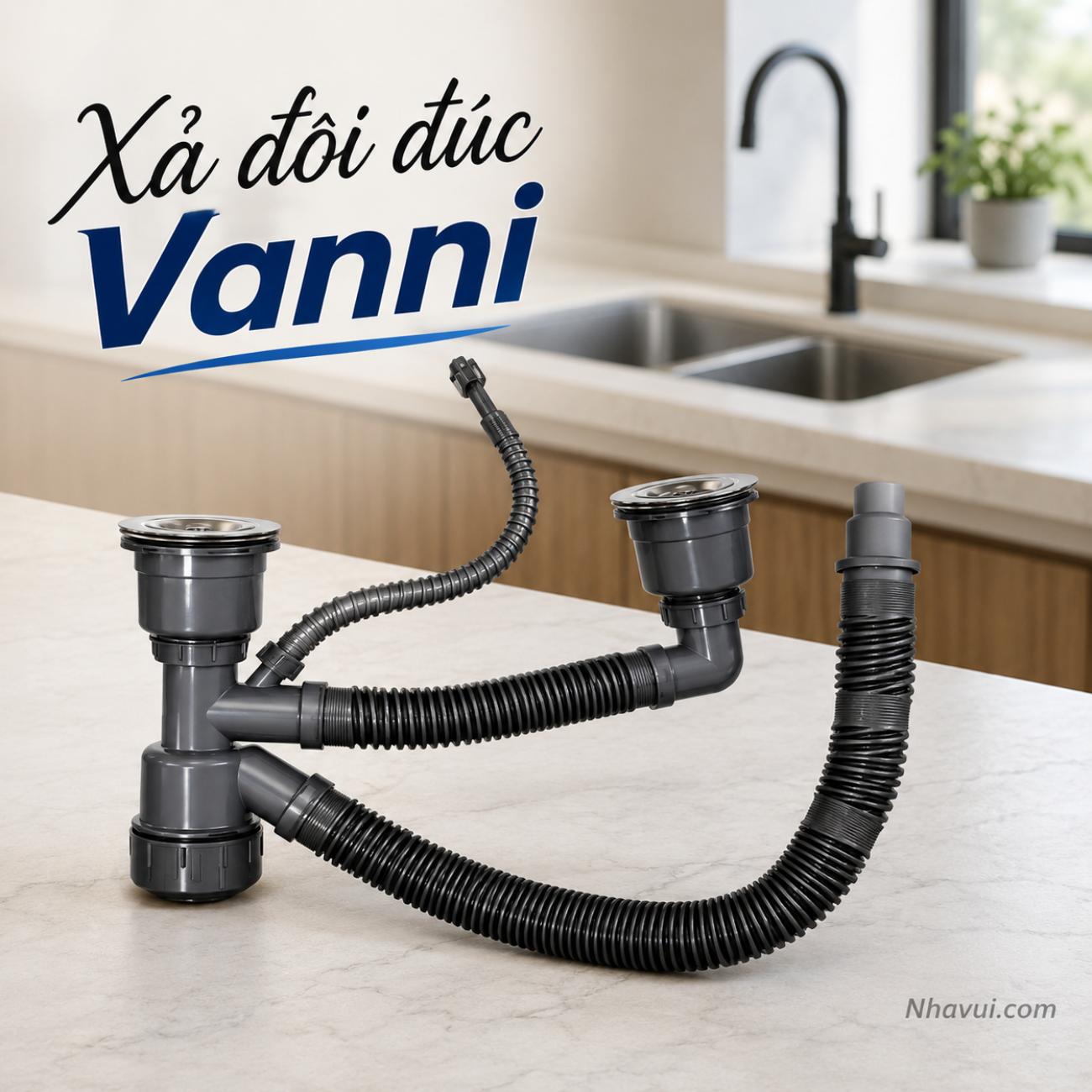 Xả đôi đúc Vanni đồng thau nguyên khối cho chậu rửa đôi