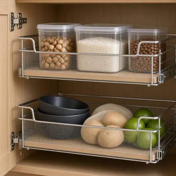 Phụ kiện tủ bếp – Giá chén, rổ kéo, kệ gia vị, thùng rác âm tủ