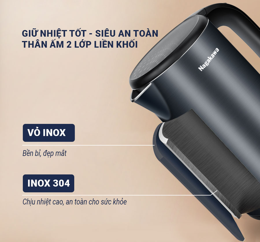 Ấm siêu tốc 2 lớp inox 304 Nagakawa NAG0320 1,8 lít