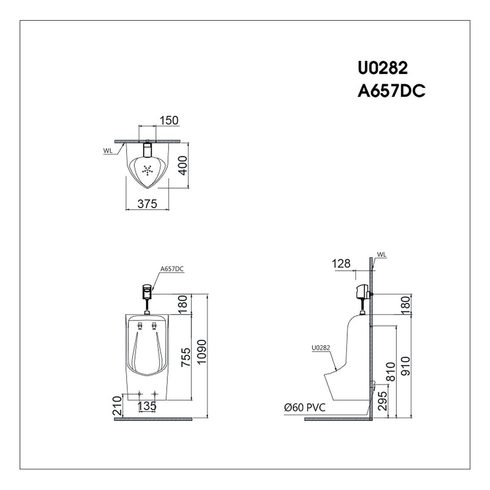 Bệ tiểu nam treo tường Caesar U0282 – 400 x 375 x 755mm chính hãng, bảo hành 24 tháng