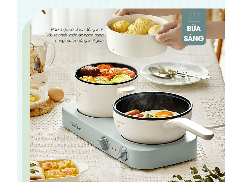 Bếp điện đôi đa năng Bear SB-BD02N kèm nồi inox và chảo chống dính