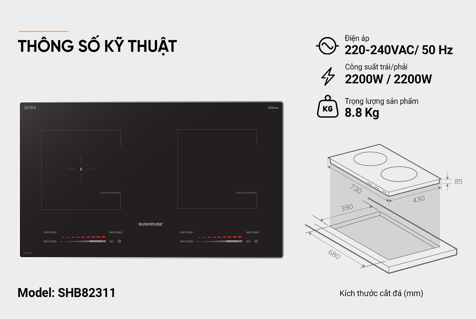 Bếp đôi điện từ hồng ngoại Sunhouse SHB82311 Inverter