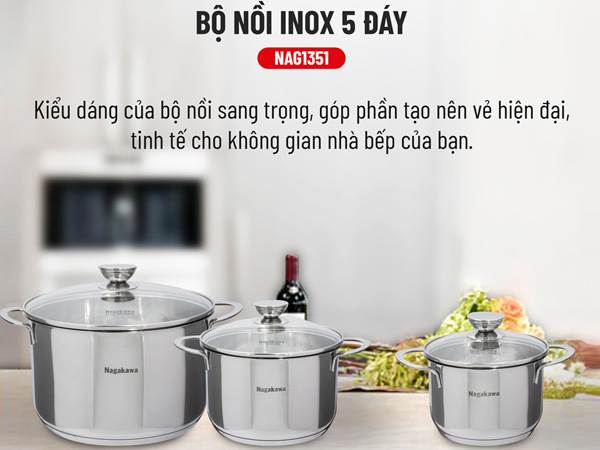 Bộ 3 nồi inox 304 5 lớp đáy từ Nagakawa NAG1351