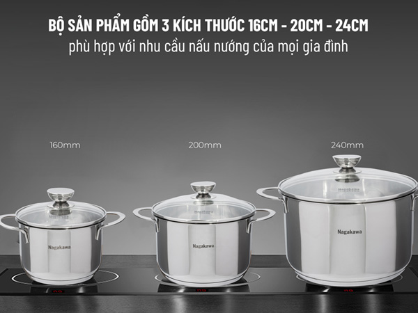 Bộ 3 nồi inox 304 5 lớp đáy từ Nagakawa NAG1351
