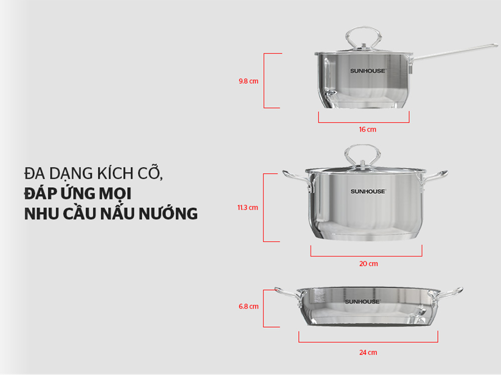 Bộ nồi chảo inox 3 món Sunhouse Easy Cook SHG993E
